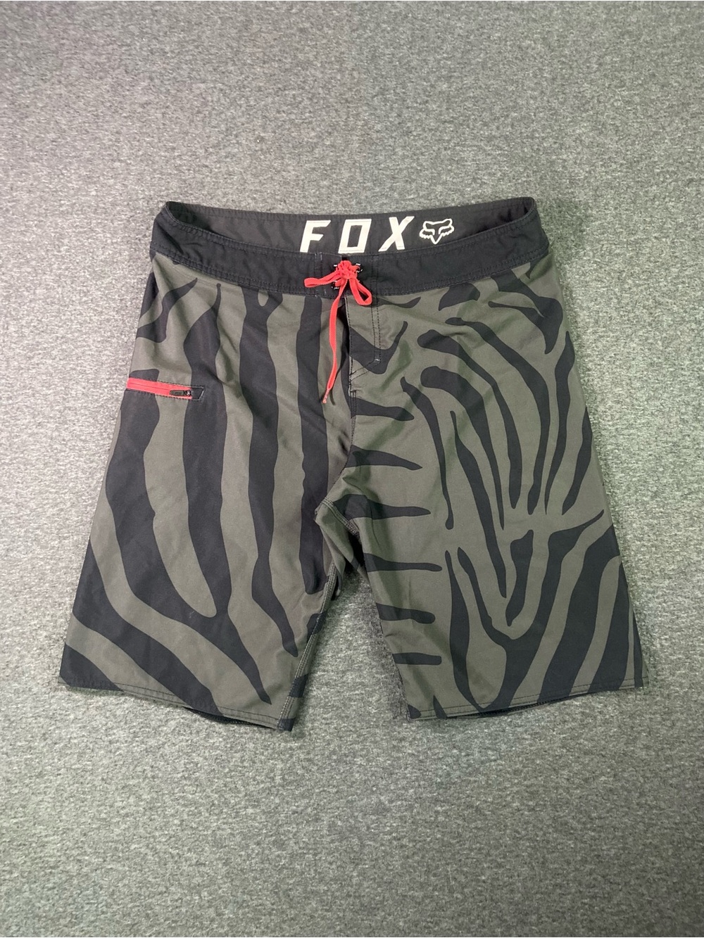 Fox Men’s Black & Gray Zebra-Print Board Shorts with Red Drawstring